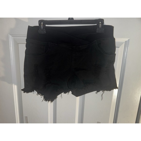 The Unbranded Brand Pants - Women's Black Distressed Denim Shorts Size Large Raw Hem Stretch High Rise